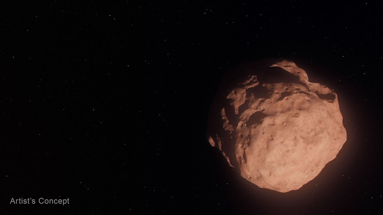 An illustration of a roughly spherical, rocky object against a black background speckled with distant, white stars. The object is the color of red clay and is pockmarked with craters and other geological scars. At the bottom left corner of the illustration in gray lettering is the label “Artist’s Concept.”