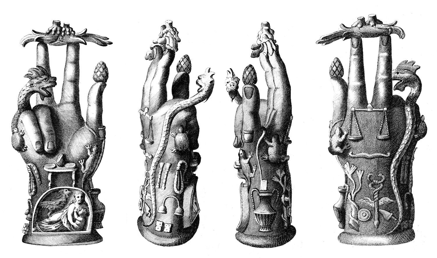 Illustration of a hand of Sabazios votive seen at various angles