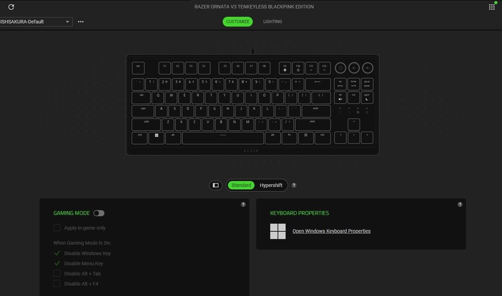 Screenshot of the Razer Synapse application showing an on-screen keyboard and some customisation options. There are two tabs for "Customise" and "Lighting" at the top, and tabs for "Standard" and "Hypershift" at the bottom.