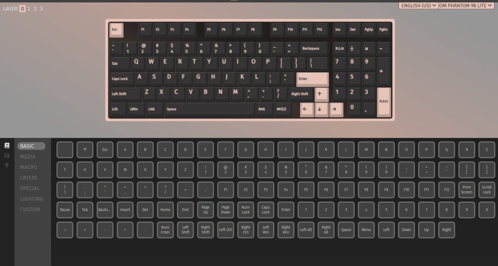 Screenshot of the VIA software showing an on-screen keyboard layout along with options down the side: "basic", "media", macro, layers, special, lighting, custom.