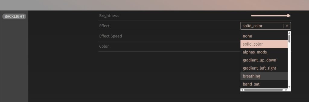 Screenshot of the VIA software showing the dropdown selection for the lighting. The scrollbar shows that there are dozens of options.