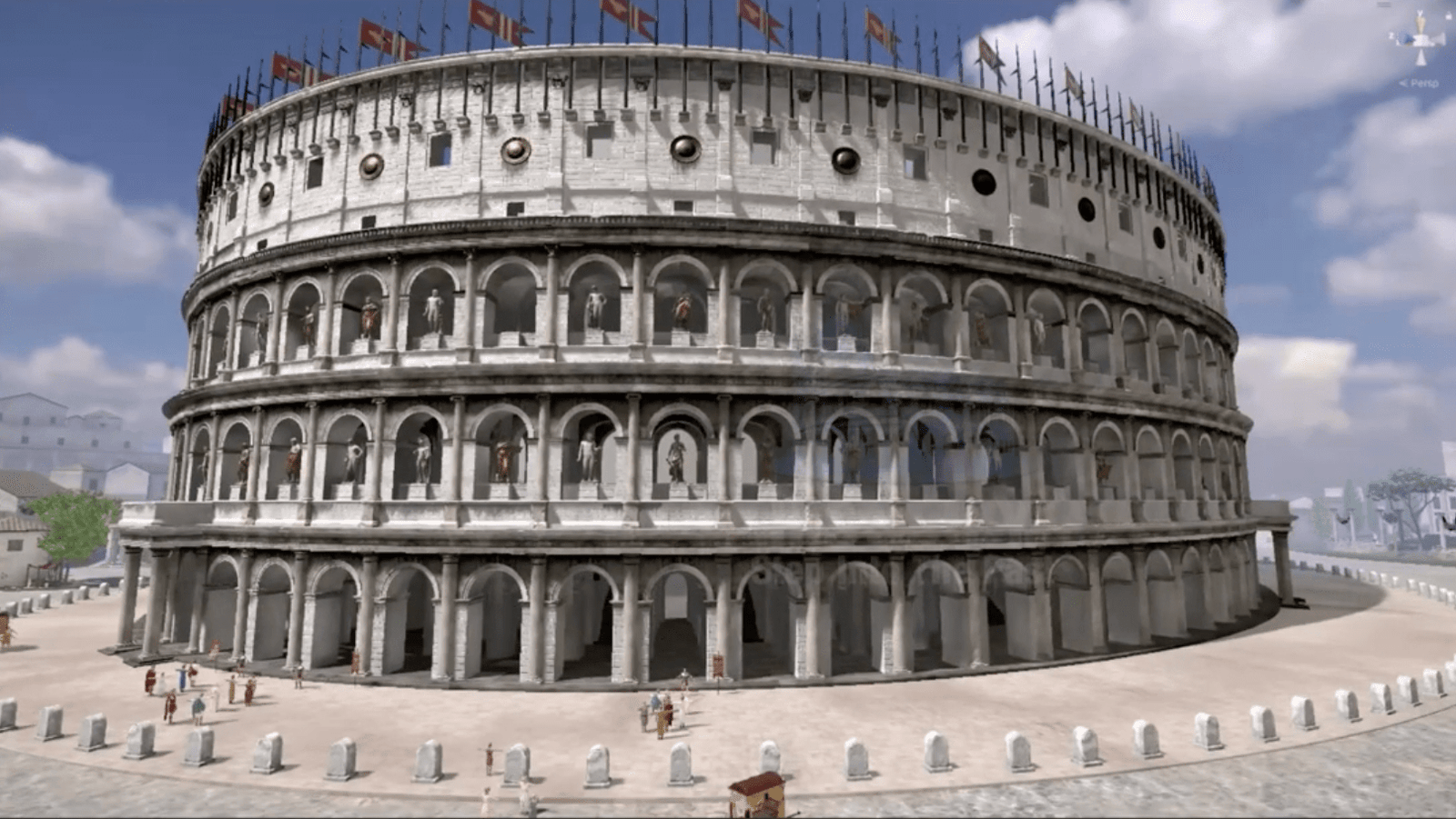 Digital rendering of a large Roman amphitheater.