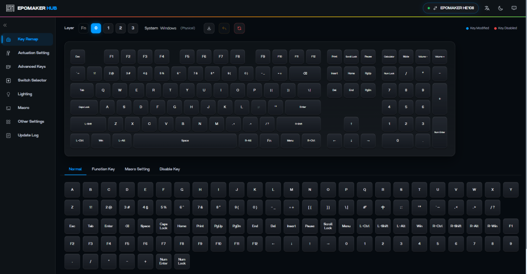 Screenshot of the Epomaker Hub web-based software showing the customisation for the keyboard. The options on the side are key remap, actuation setting, advanced keys, switch selector, lighting, macro, other settings, update log.