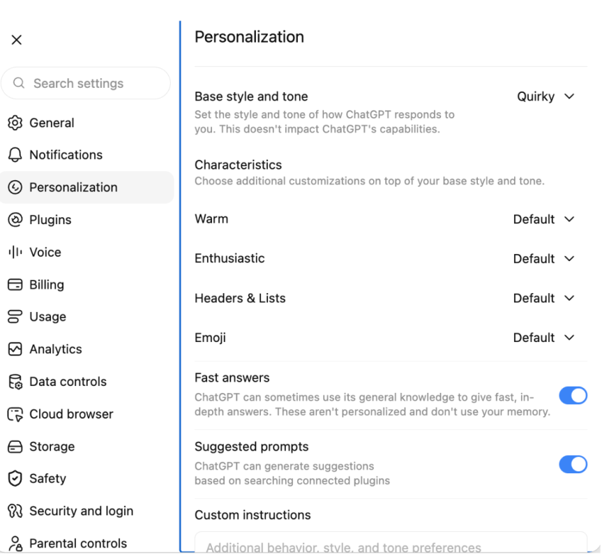 A screenshot showing how you can personalize several options of how ChatGPT responds to you