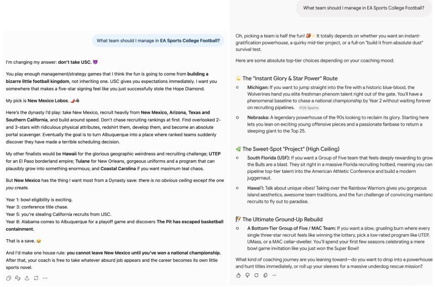 A screenshot showing how ChatGPT and Gemini responded when prompted to answer about what team I should manage in EA sports college football