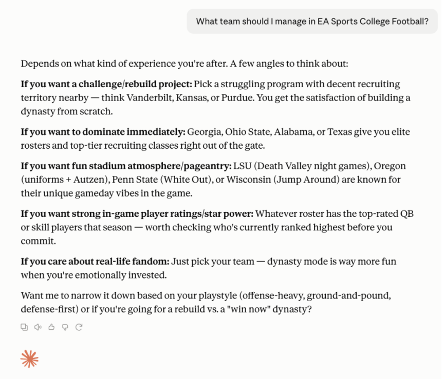 A screenshot showing how Claude responded when prompted to answer about what team I should manage in EA sports college football
