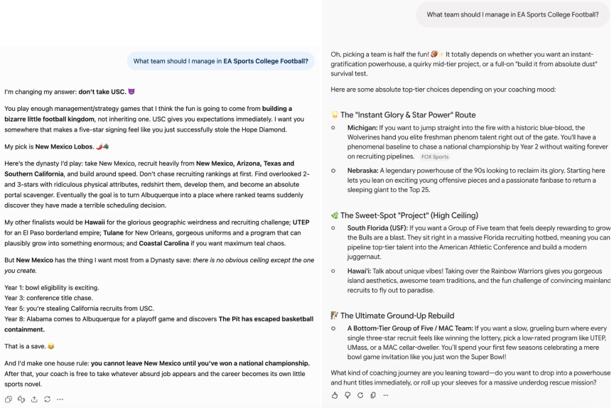A screenshot showing how ChatGPT and Gemini responded when prompted to answer about what team I should manage in EA sports college football