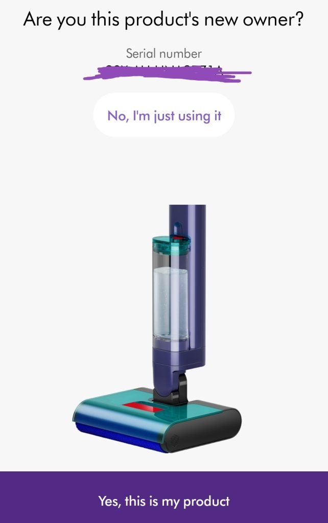 Screenshot of the Dyson app showing a picture of the machine and asking "Are you this product's new owner?" The options are "No, I'm just using it" or "Yes, this is my product".