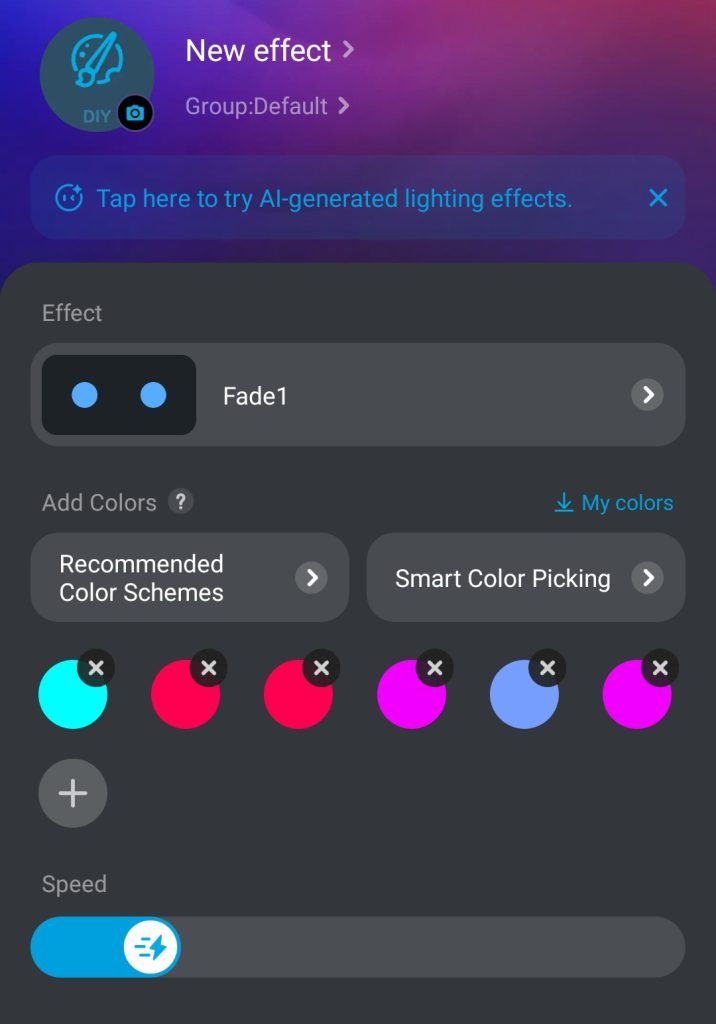 Screenshot of the Govee App showing the DIY menu screen with "new effect". There are buttons for effect type, adding colours, and choosing the speed of the effect.