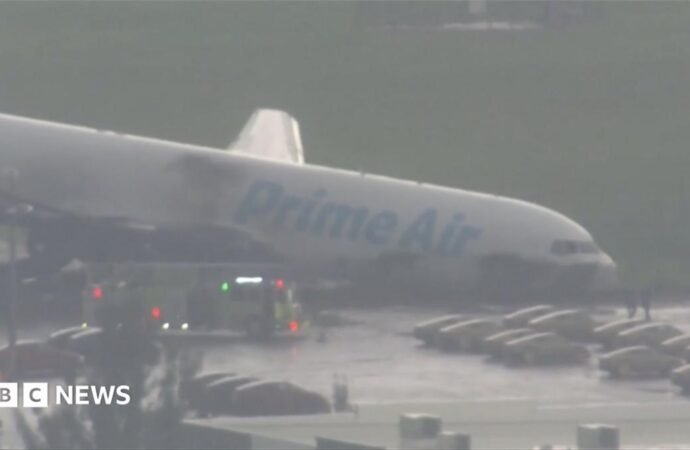 Video shows damaged Amazon cargo plane after crash