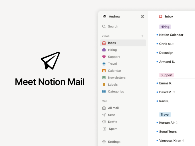 Image of a screengrab of Notion Mail that includes a view of its auto-labeled folder.