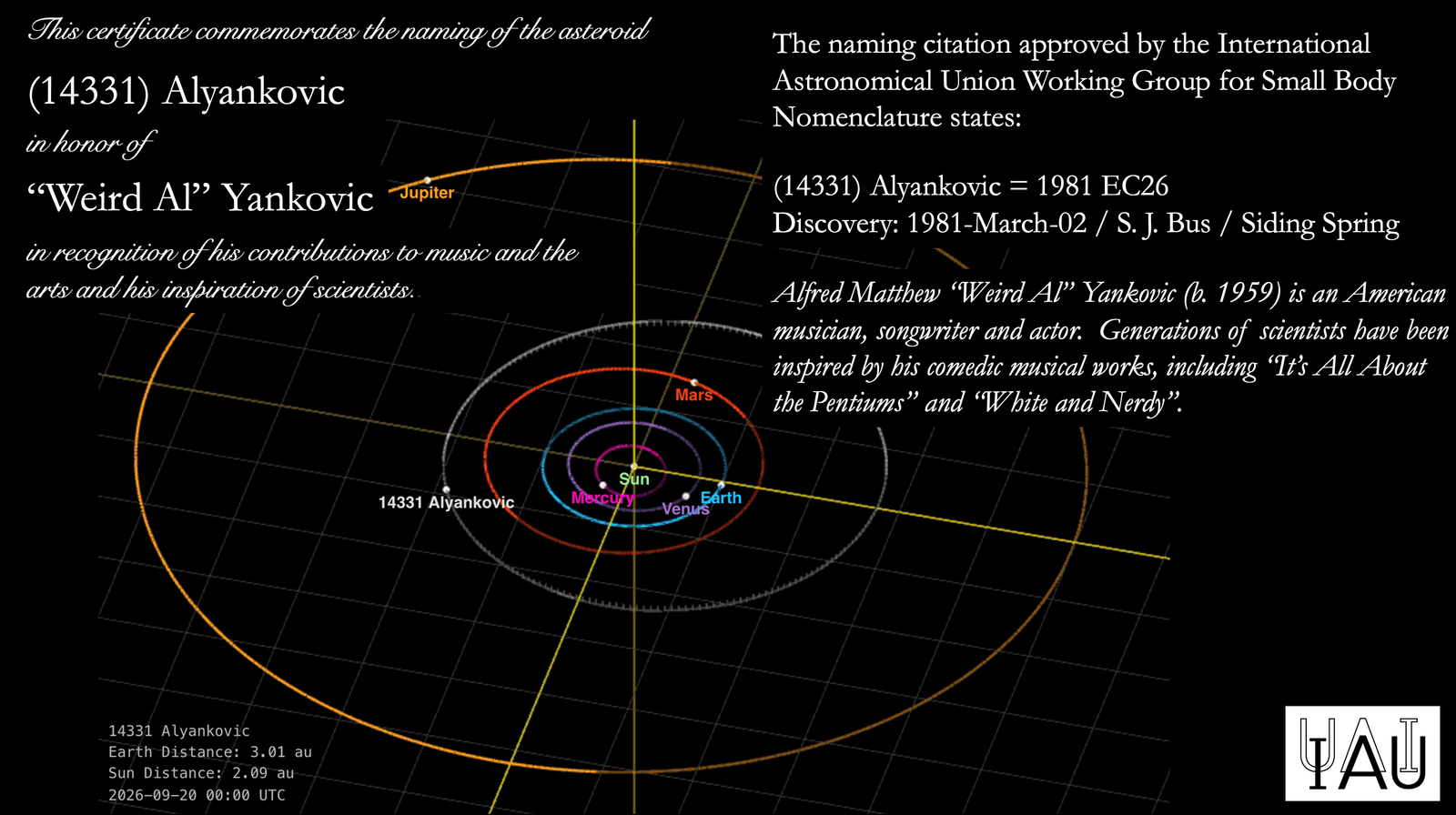 a certificate with a new asteroid named after weird al yankovic