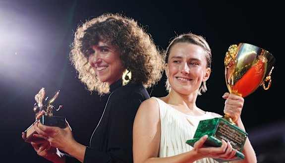 Director May el-Toukhy, left, with Mathilde Arcel at the Venice Film Festival. 