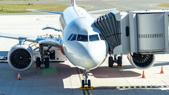 A Jetstar A320 conducts the airline’s first test flight to the new airport on Tuesday.