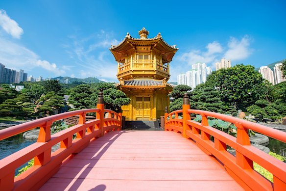 Serene golden pavilions offer a tranquil escape in Hong Kong.