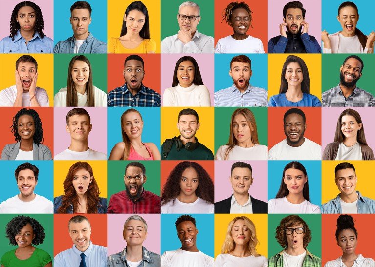 A composite grid of headshots featuring people with varying facial expressions.