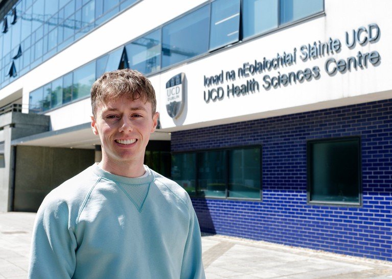 Portrait of Rory Lambe standing outside of University College Dublin, Health Sciences Centre.