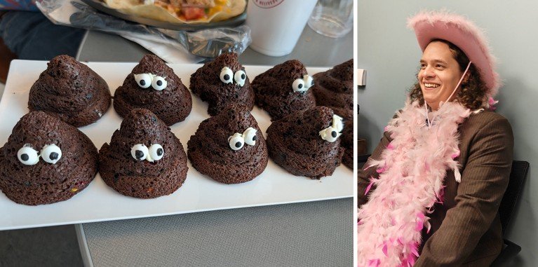 A two picture panel: On the left is a tray of smiley poo emoji cakes. On the right is a portrait of Robert Maples wearing a pink hat and feather boa.
