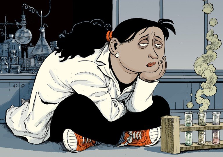 Illustration of a lab worker slumped beside a bench of bubbling test tubes and equipment, symbolising low motivation in the laboratory.