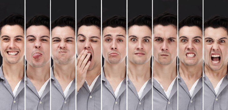 Composite image of a young man displaying different personalities through facial expressions.