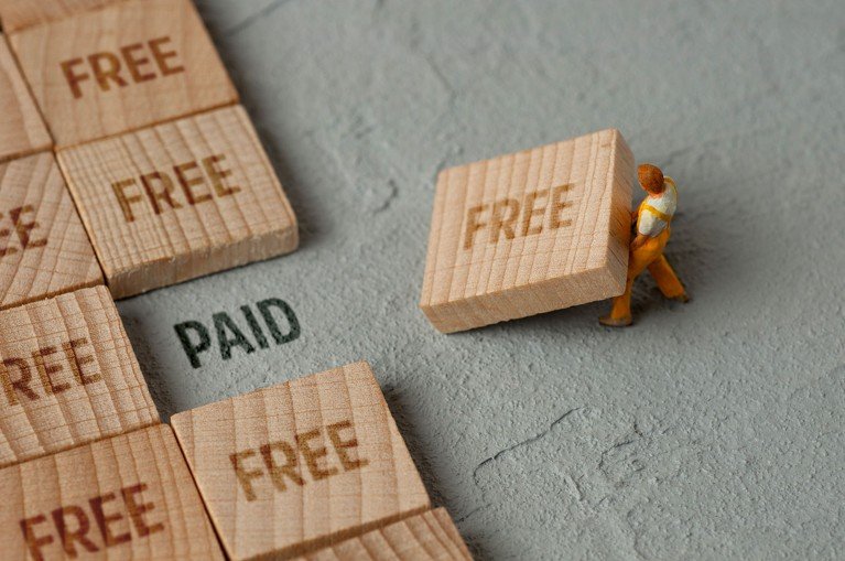 A miniature scene where a model of a worker in overalls moves a wooden tile printed with the word "FREE" revealing the word "PAID" on the ground beneath.