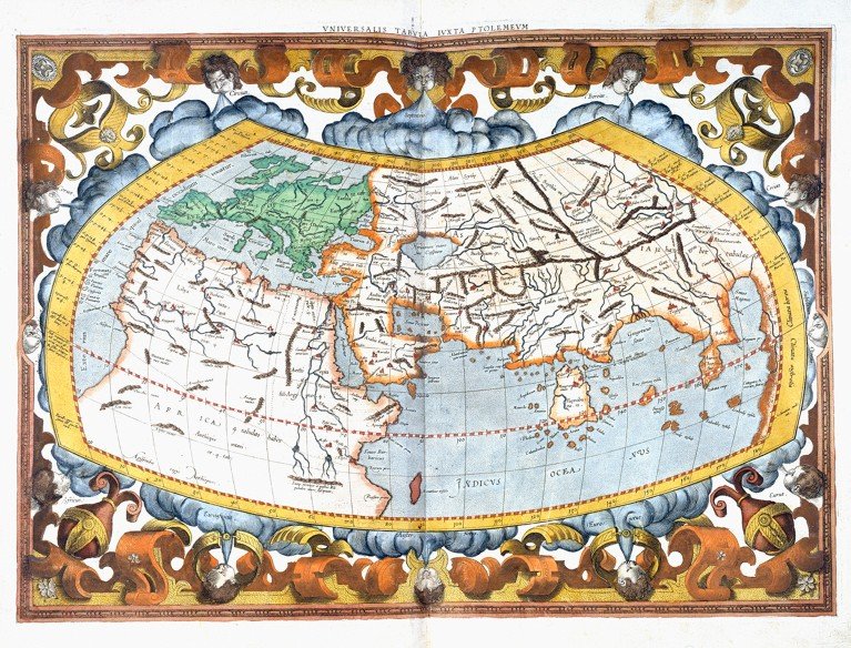 Map from Claudius Ptolemy's Geography, from Mercator's edition of the book, showing the old world known in 2nd-century Alexandria, Egypt.