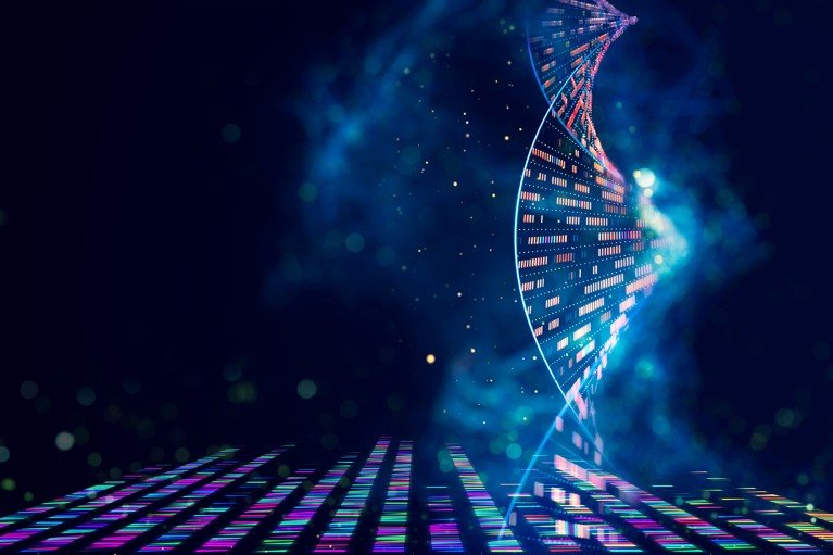A digital illustration of a DNA double helix rising up from a flat surface with coloured lines of code.