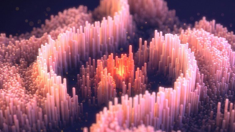 An abstract 3D digital render featuring a textured landscape of glowing pink and orange vertical pillars.