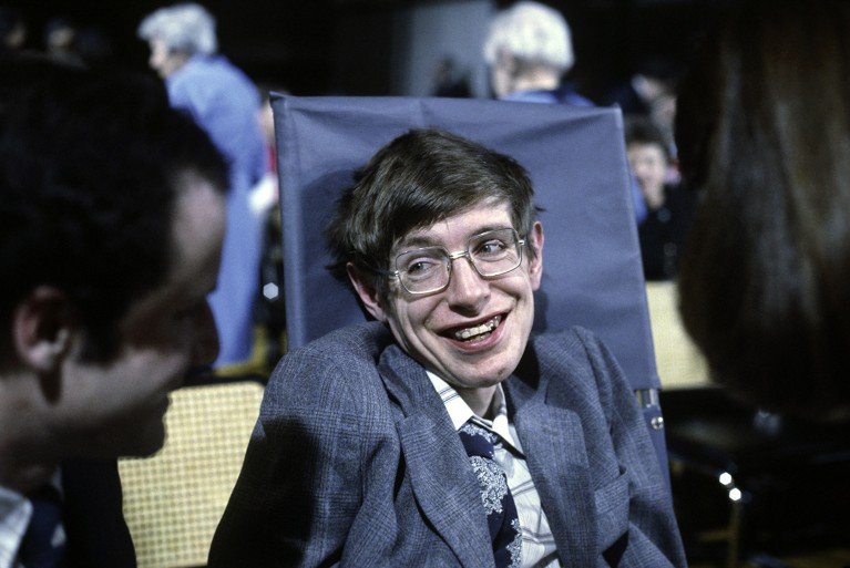 Stephen Hawking talking to a colleague in 1979.