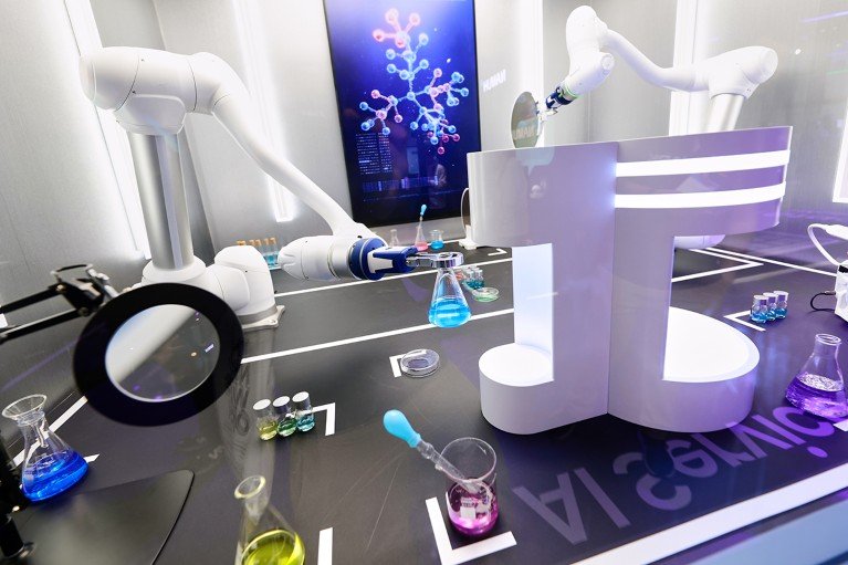 A high-precision robotic arm featuring multi-axis actuators and AI-driven sensor technology for delicate handling on exhibit at a simulated laboratory.