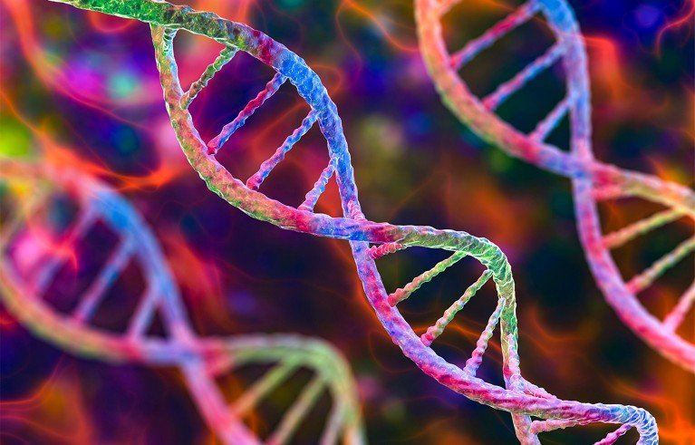 DNA molecules as intertwined double helices for scientific or biotechnology communication. Fluorescent pink, blue, green and orange strands stand out against a blurred multicoloured background.