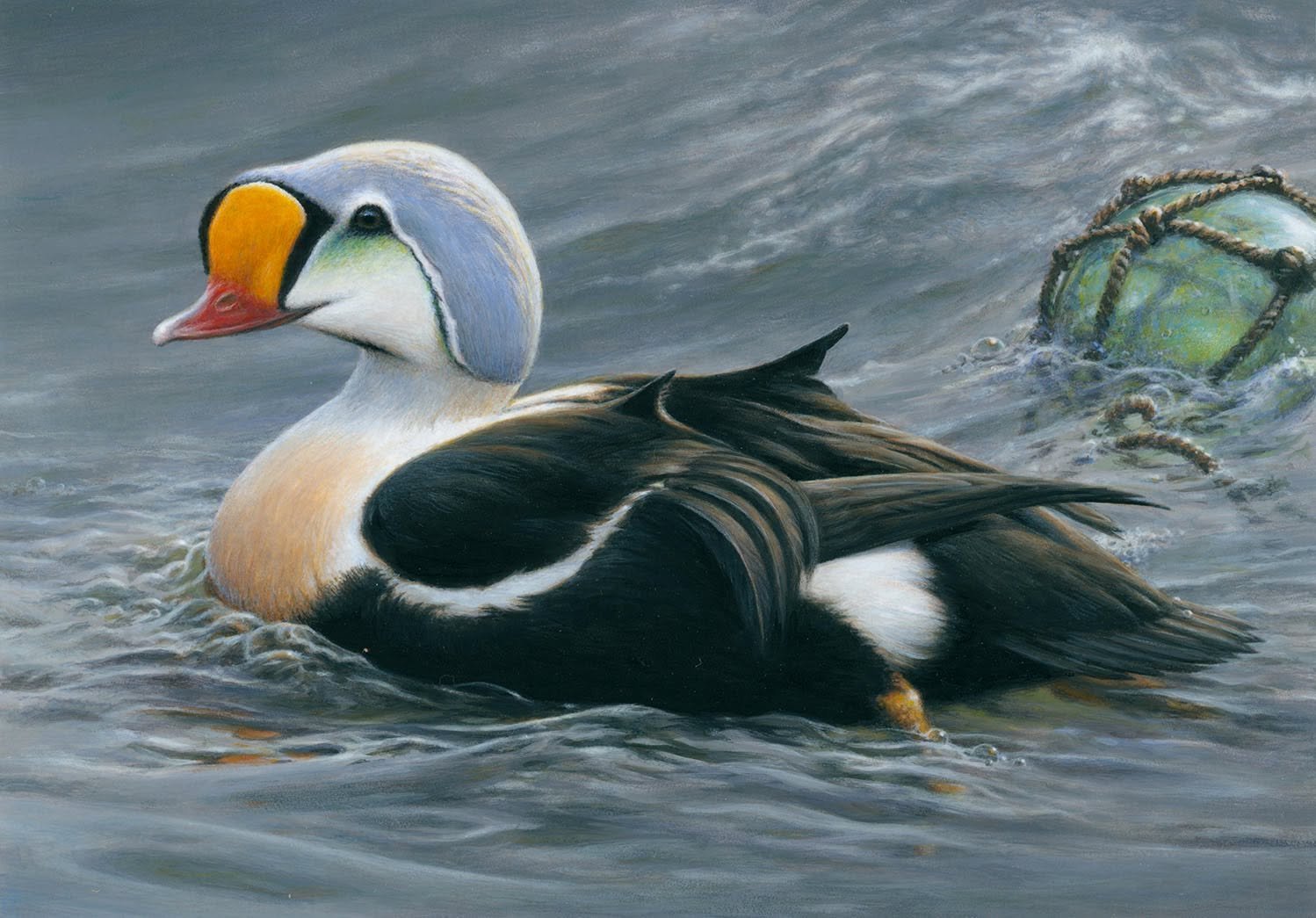 a painting of a duck swimming on a lake 