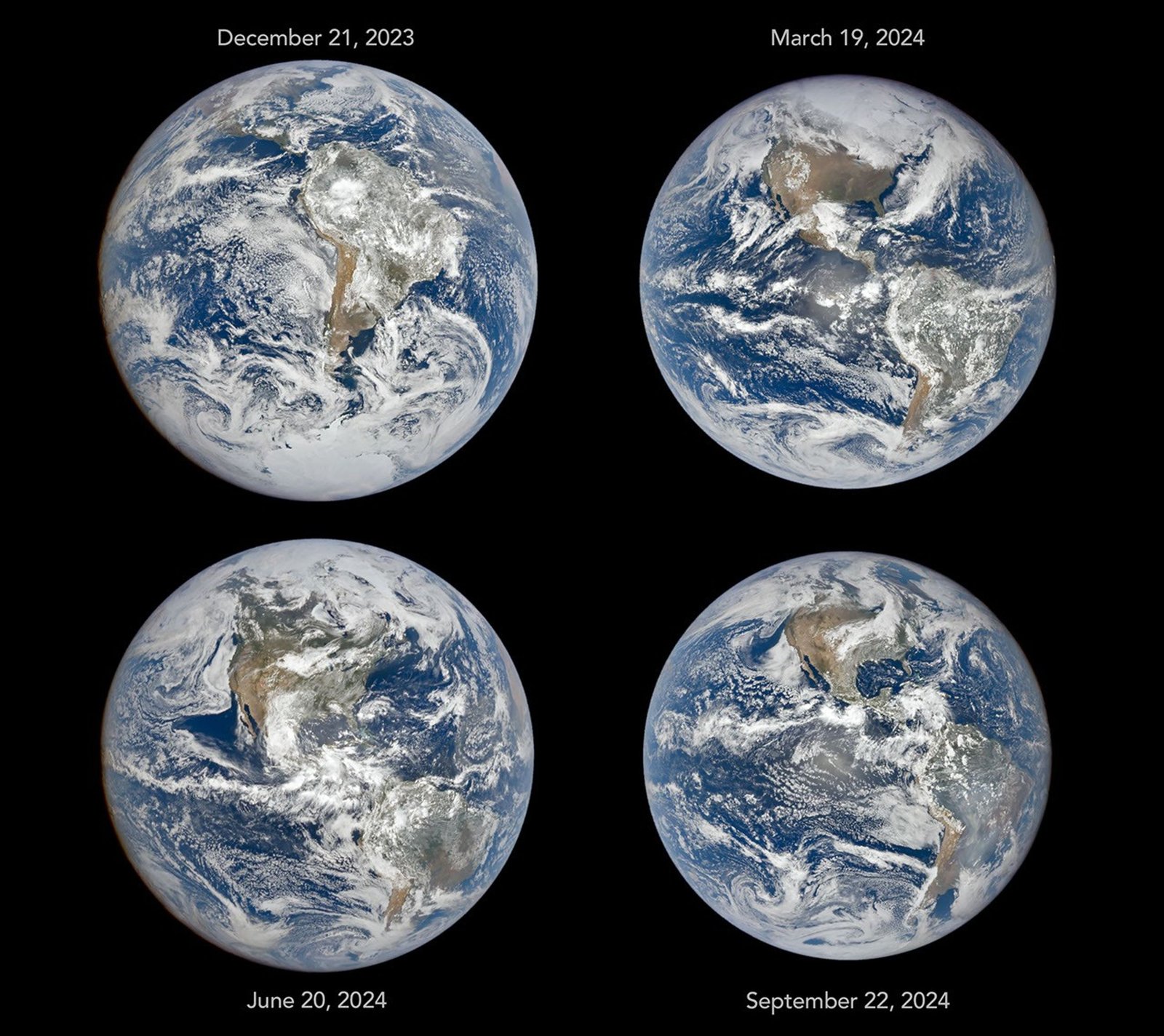 Four full-disk images of Earth are arranged in a two-by-two grid. The December image on the upper left shows the South America centered with Antarctica visible. The June image features parts of North America and Arctic sea ice that were not visible in December. The March and September images have South America and North America in more intermediate positions.