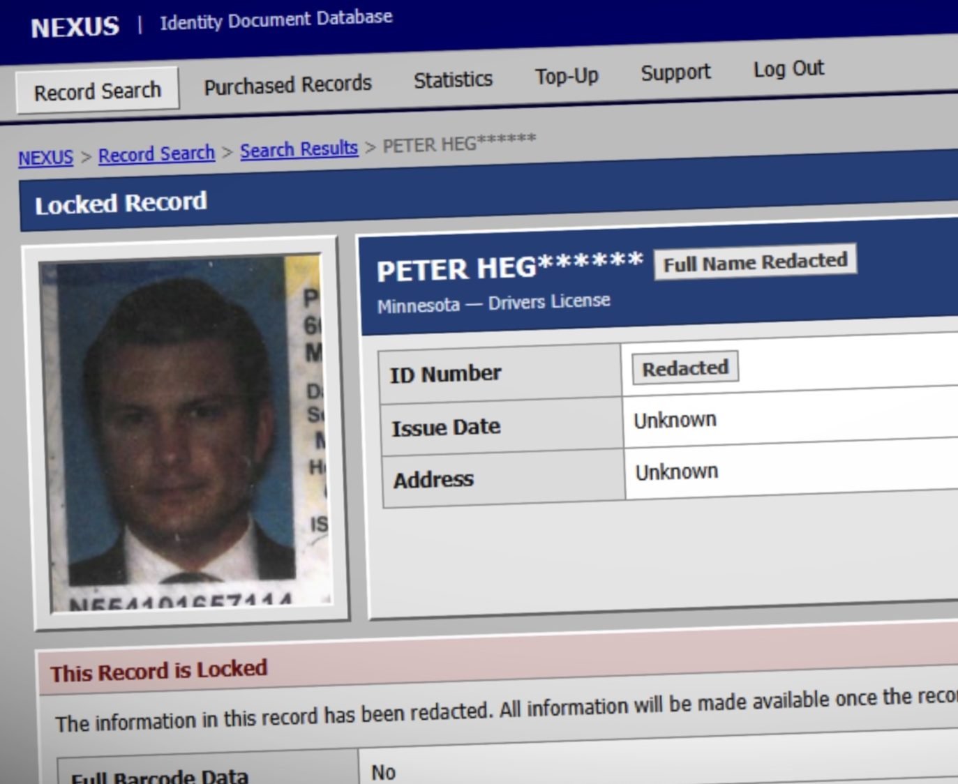 a photo of the driver's license of Pete Hegseth, the DOD secretary, whose photo can be seen here on this identity theft website called Nexus on the dark web
