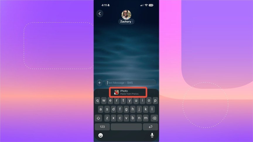 A message in Messages with an option to paste a photo into a text field highlighted.