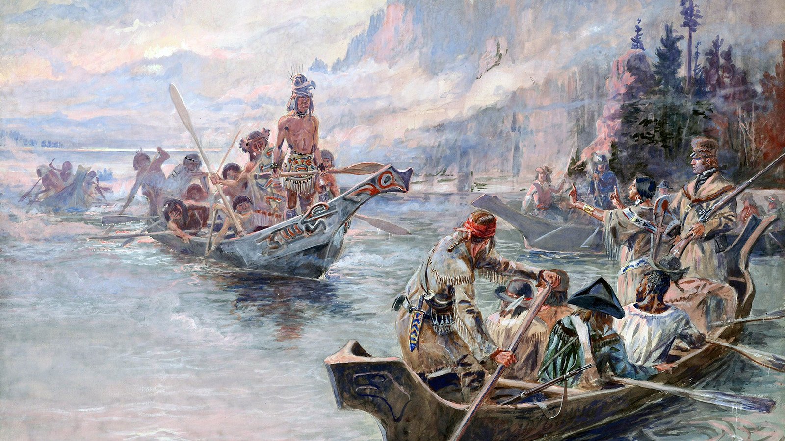 Painting Lewis and Clark on the Lower Columbia (height: 24 in (60.9 cm); width: 28 in (71.1 cm)) by Charles Marion Russell; Opaque and transparent watercolor over graphite underdrawing on paper