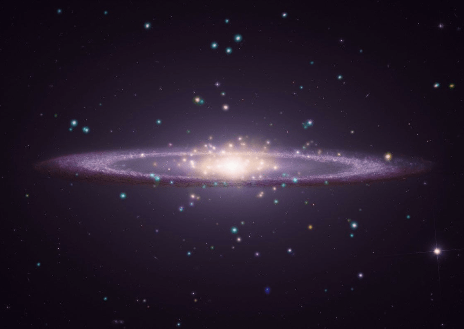 Famous for its broad central bulge and dark outer dust ring, this galaxy sits at a nearly edge-on tilt to Earth. Chandra X-rays (cyan and orange) isolate compact point sources and hot gas in the galaxy's sprawling halo, merged with Hubble optical light (warm white) and Webb infrared vision (purple-red dust lane). Studying M104 may help bridge the gap between spirals and ellipticals, helping astronomers better understand how a galaxy's giant outer cloud of stars grows and ages alongside its inner disk. Image: X-ray: NASA/CXC/SAO; Optical:NASA/Hubble Heritage Team/AURA/STScI; Infrared: NASA/ESA/CSA/STScI; Image Processing: NASA/CXC/SAO/L. Frattare.