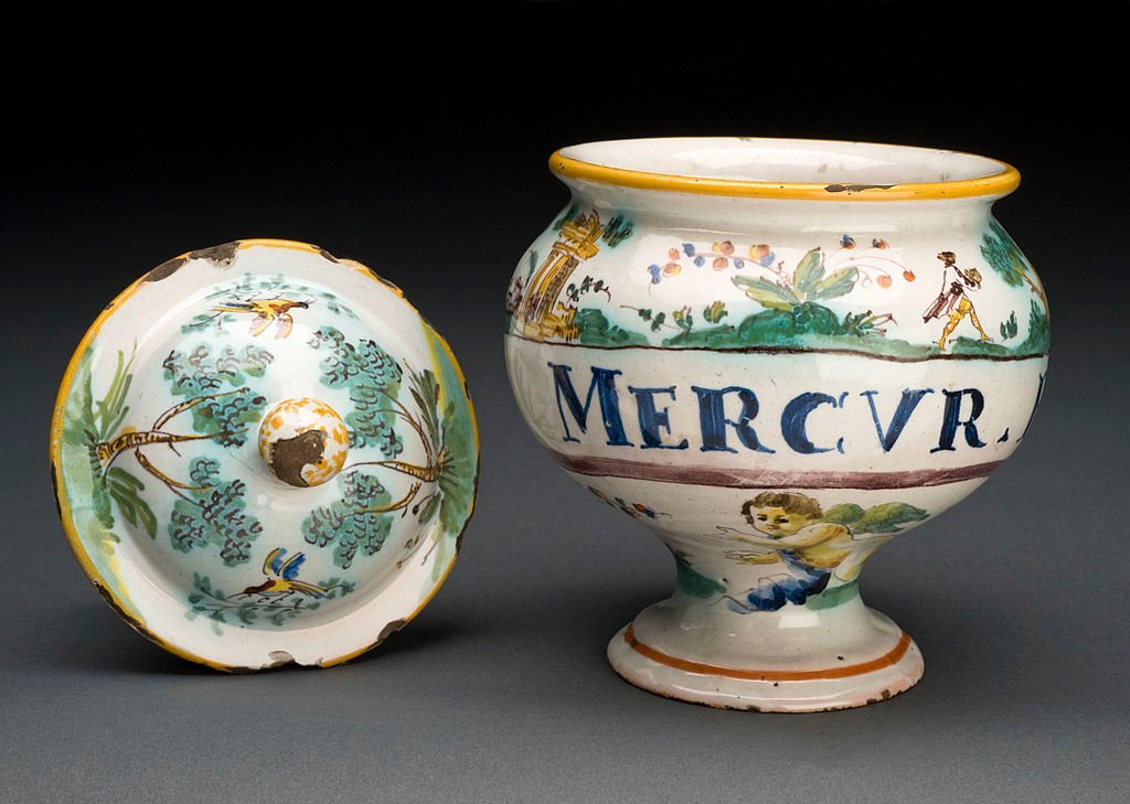 Drug jar for mercury pills. Italy, 18th Century. Polychrome Ointment jar, decorated with ruins and figures, for mercury pills. Italy, 1731-70.