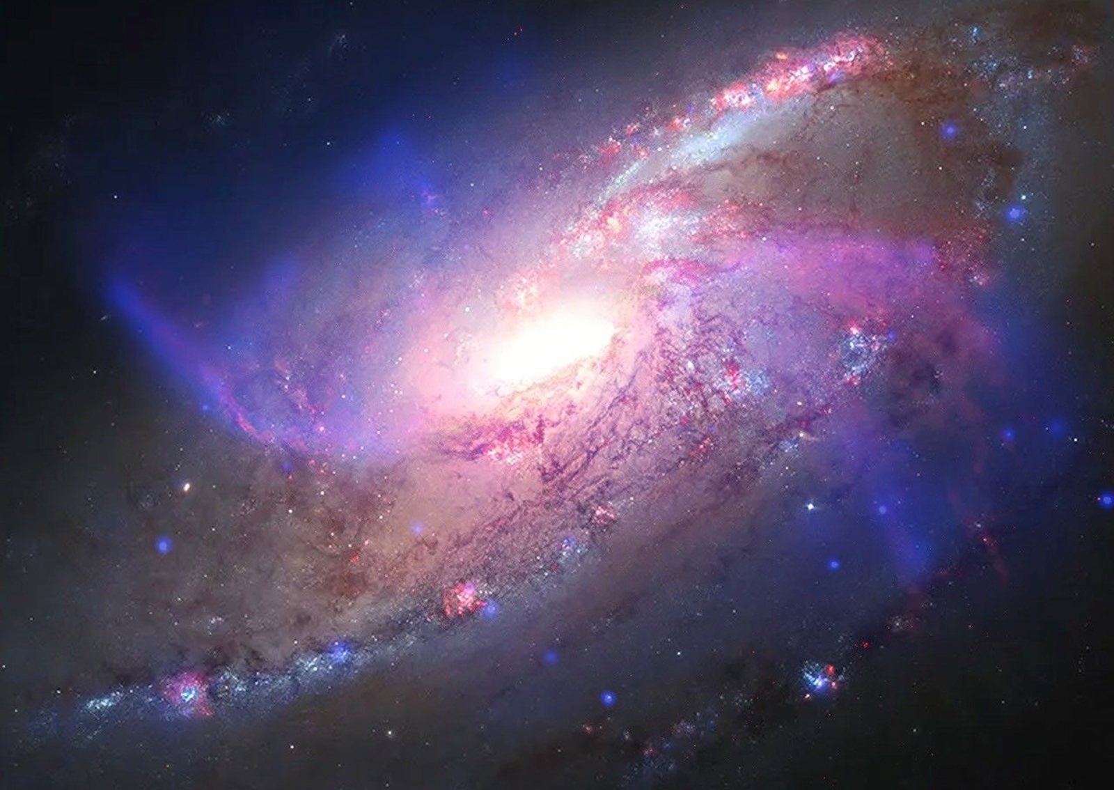 A spiral galaxy famous for having two extra, "anomalous" spiral arms composed of hot gas. Chandra's X-rays (royal blue) show superheated shockwaves created by central black hole jets, combined with optical light from Hubble (red, yellow and pale blue) and infrared dust filaments from Webb (bright orange). M106 helps show how supermassive black holes can create structural features that mimic star-bearing spiral arms, influencing a galaxy's evolution. Image: X-ray: NASA/CXC/SAO; Optical: NASA/ESA/STScI; Infrared: NASA/ESA/CSA/STScI; Image Processing: NASA/CXC/SAO/L. Frattare.