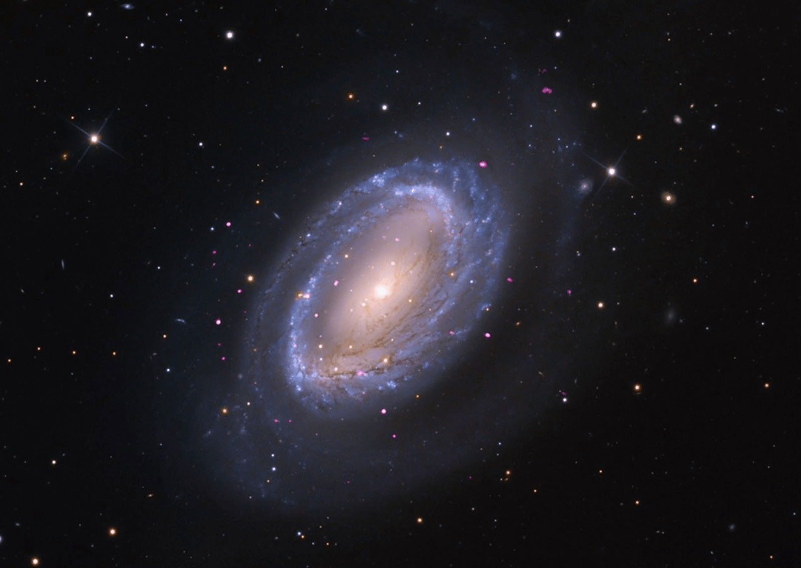 A "one-armed" barred spiral galaxy surrounded by a prominent star-forming ring. Chandra's X-ray data (magenta) pinpoints several bright X-ray sources, likely caused by growing black holes, embedded within the sweeping optical disk (soft blue and white) captured with the Mt. Lemmon Observatory. Galaxies with unusual single arms can offer a window into how the gravity from a passing galaxy can trigger bursts of star formation. Image: X-ray: NASA/CXC/SAO; Optical: NASA/ESA/STScI/NAOJ/R. Gendler; Image Processing: NASA/CXC/SAO/L. Frattare.