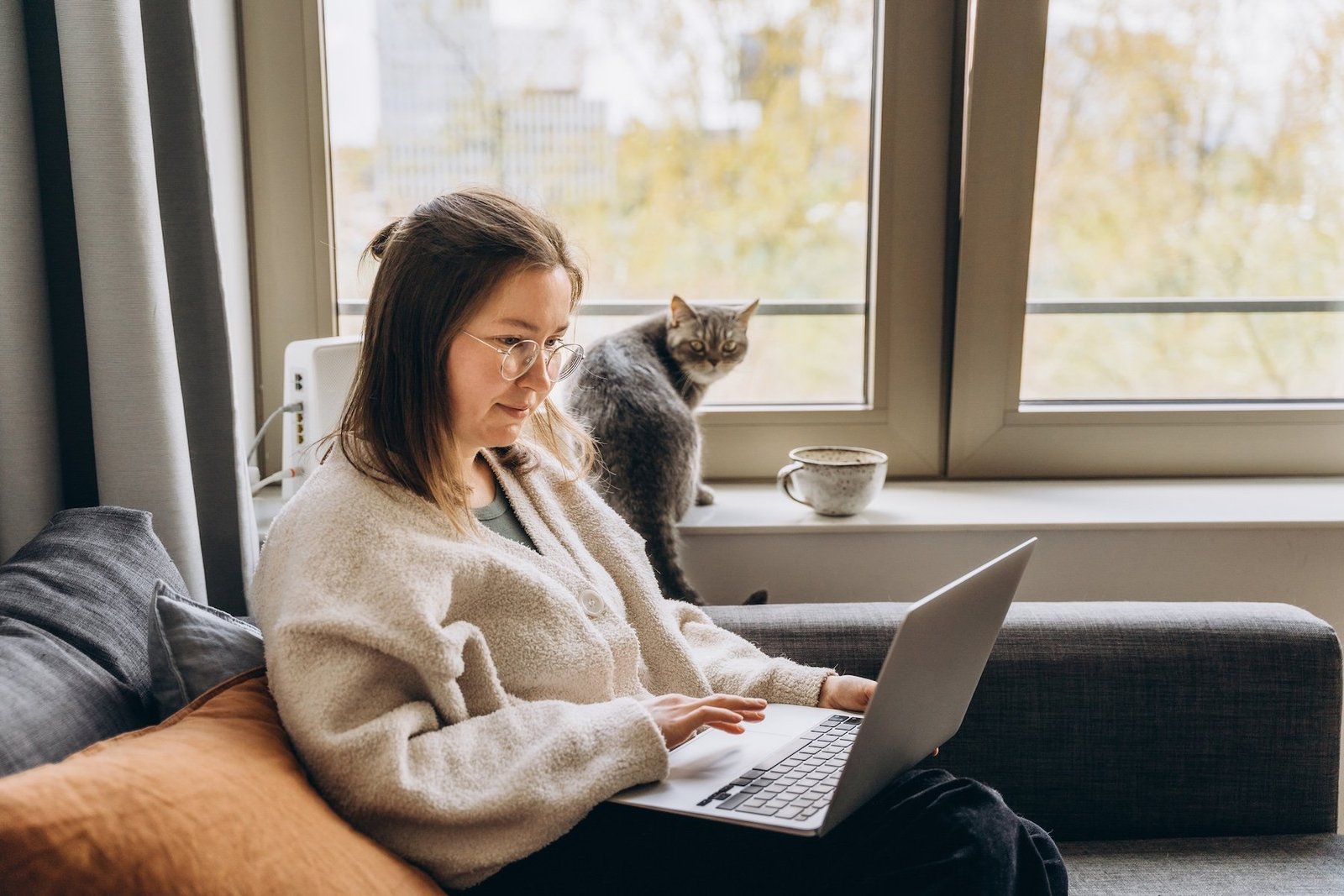 Young woman working at home remotely using a laptop while sitting on the sofa. Her domestic cat is sitting next to her