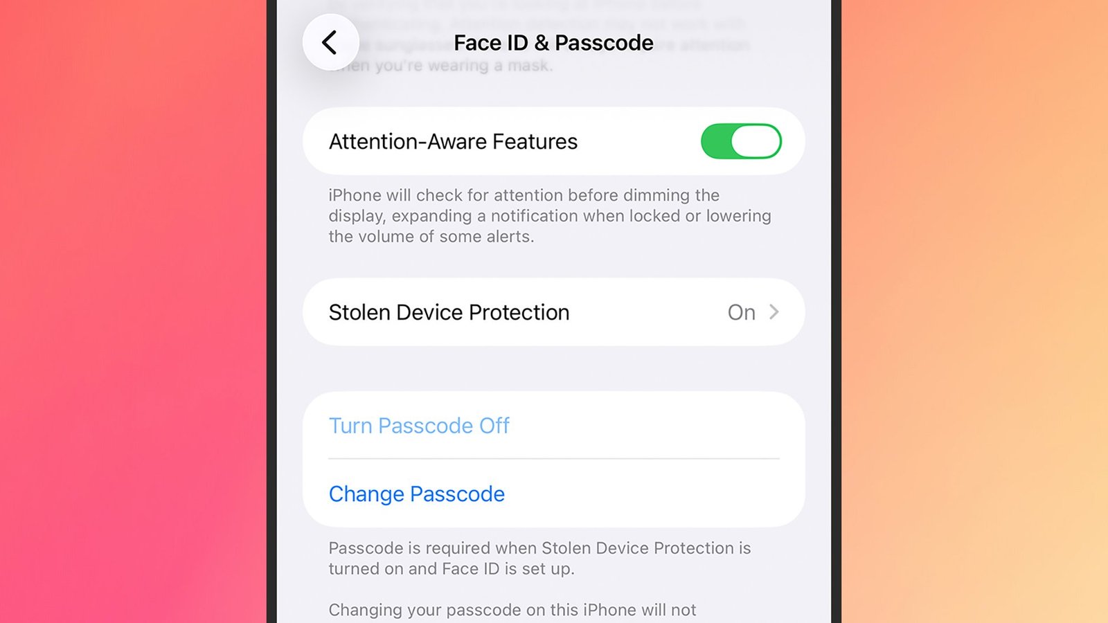 screenshot of attention-aware features settings