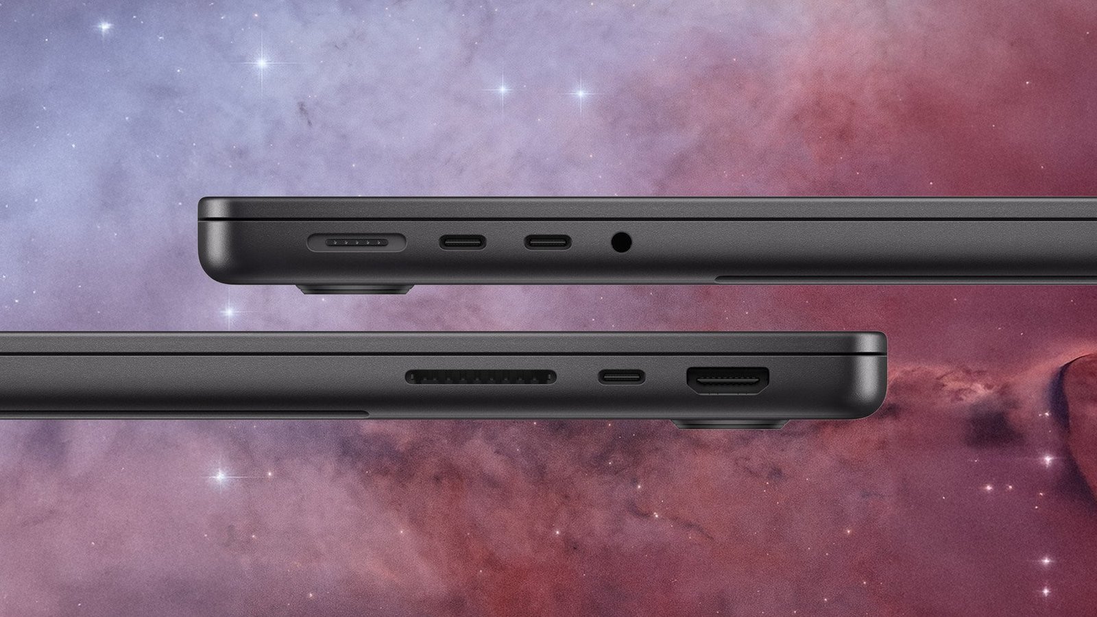 Both sides of a space black 14-inch MacBook Pro with M6 showing MagSafe 3, Thunderbolt 4 ports, a headphone jack, an SDXC card slot, and HDMI.