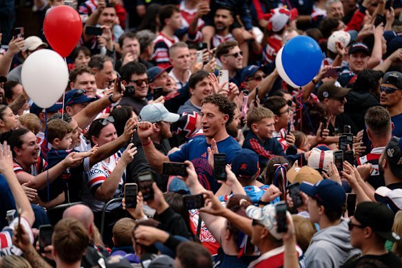 Departing Roosters winger Mark Nawaqanitawase arrives at the Fan Day Celebration.