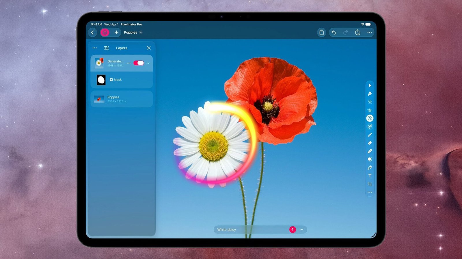Pixelmator Pro on an iPad uses Generate Fill to add a white daisy beside a red poppy, with a glowing outline around the generated flower.