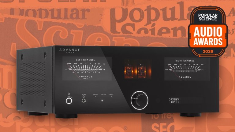Advance Paris A10 APEX integrated amplifier in black with twin VU meters and glowing tubes