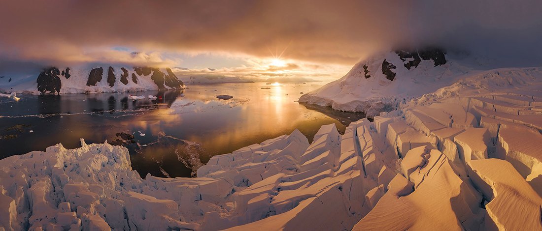 sunset near glaciers and ice