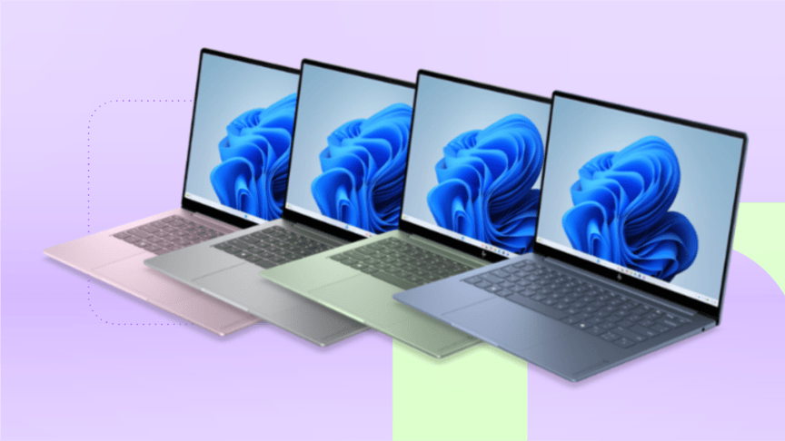 Four different colors of OmniBook 5 sit on a pastel purple CNET background.