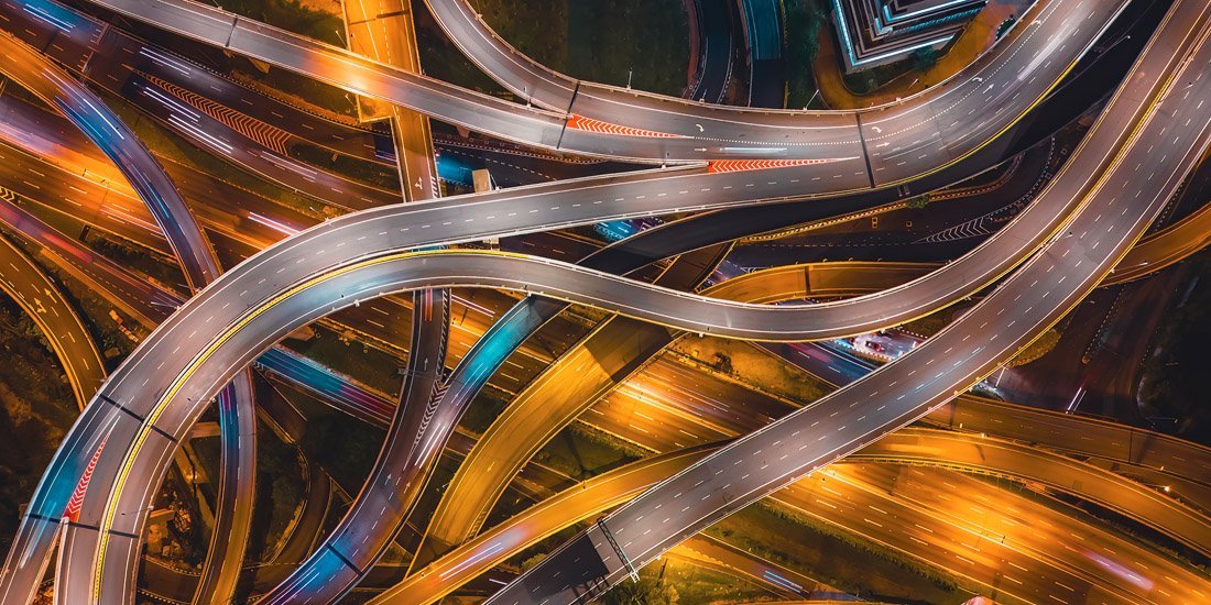 layered roads at night