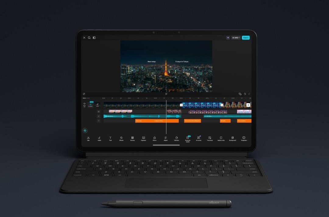 A photo of an Alexa Tablet with the keyboard case and stylus.